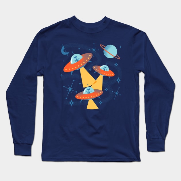 Atomic Space Cadets Cats in Retro Flying Saucer UFOs Long Sleeve T-Shirt by ksrogersdesigns